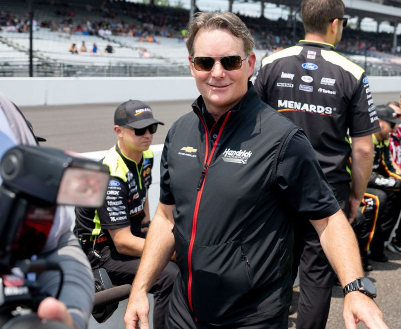 Jeff Gordon makes his way to the track Sunday, July 26, 2026, before the Brickyard 400 at Indianapolis Motor Speedway.