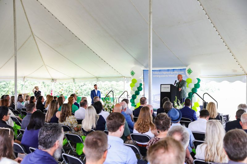 Parkview Chief Physician Executive Dr. Greg Johnson addresses the assembled crowd about the company's new hospital to be built in West Lafayette.