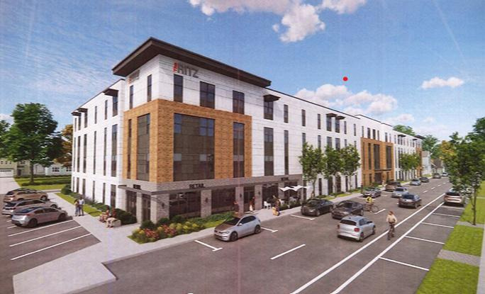 A rendering shows The Ritz, an affordable housing development proposed at Illinois and 34th Street in the Crown Hill neighborhood by DTM.