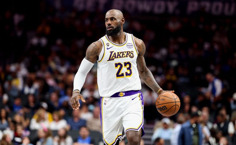 Apr 5, 2026; Dallas, Texas, USA;  Los Angeles Lakers forward LeBron James (23) controls the ball against the Dallas Mavericks during the second half at American Airlines Center. Mandatory Credit: Kevin Jairaj-Imagn Images