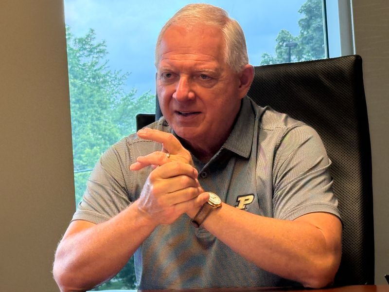 Purdue athletic director Mike Bobinski meets with media members in West Lafayette, Indiana, on July 27, 2026 to discuss his upcoming retirement.