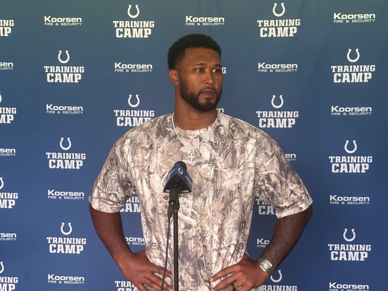 Colts DT DeForest Buckner speaks to the media at the start of training camp on July 28, 2026