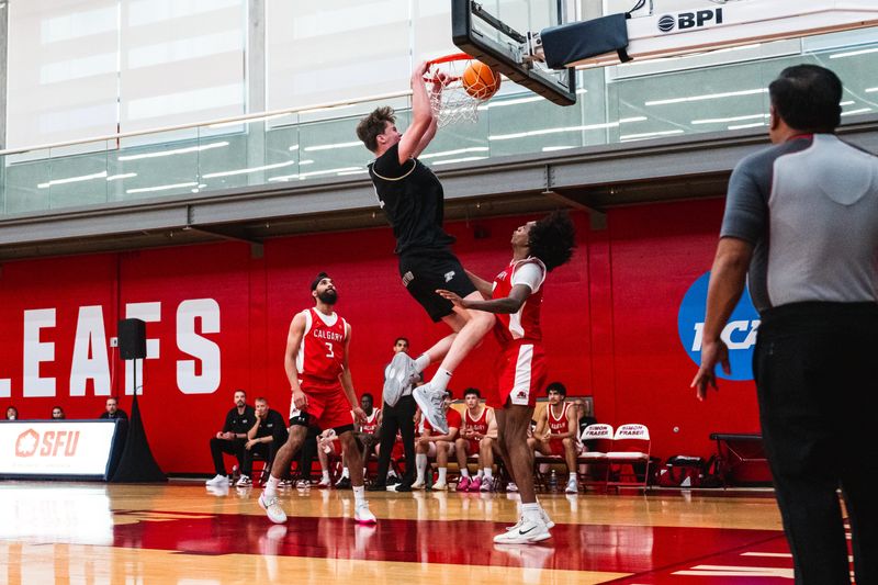Purdue basketball's Daniel Jacobsen dunks over a Calgary defender during the Boilermakers' 79-48 victory on July 28, 2026.