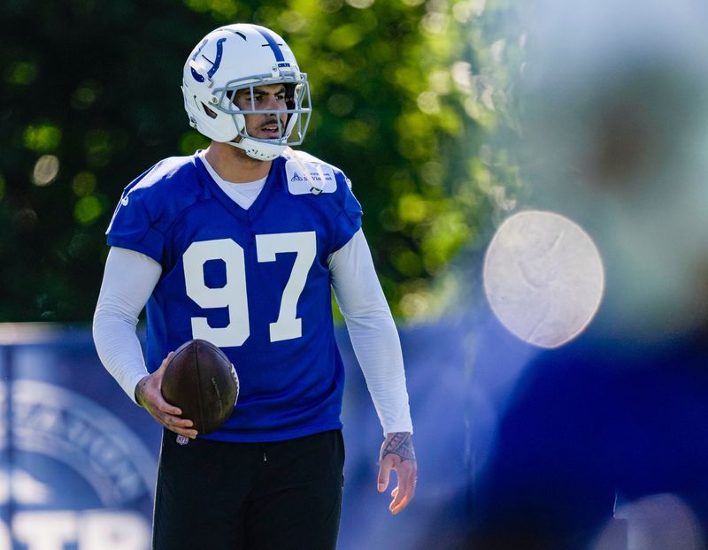 Indianapolis Colts defensive end Laiatu Latu (97) does drills Thursday, July 30, 2026, during the second of Colts Camp at Grand Park in Westfield.