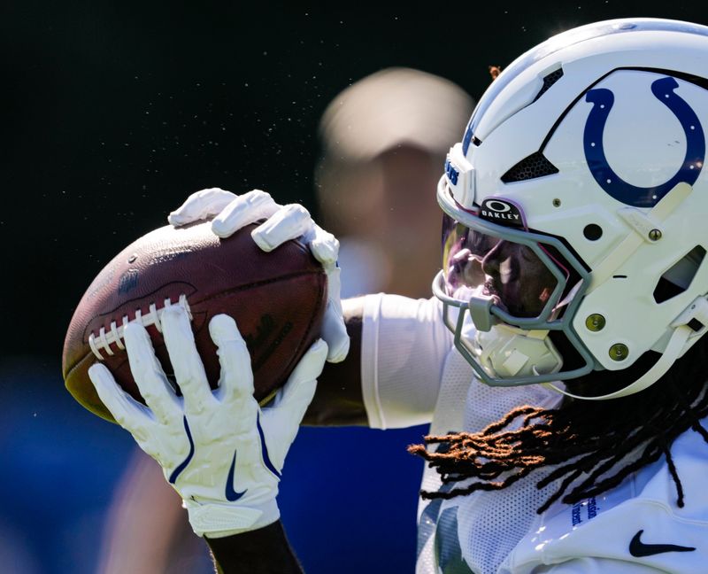 Indianapolis Colts wide receiver Ashton Dulin (16) catches the ball Thursday, July 30, 2026, during the second of Colts Camp at Grand Park in Westfield.