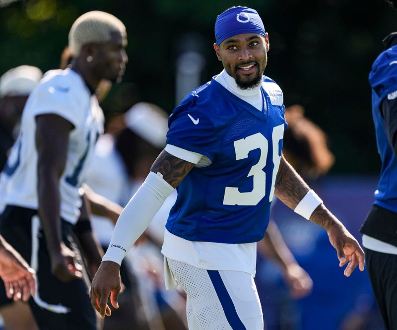 Indianapolis Colts safety Jonathan Owens (38) stretches Thursday, July 30, 2026, during the second of Colts Camp at Grand Park in Westfield.