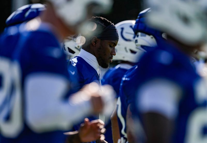 Indianapolis Colts cornerback Charvarius Ward (7) warms-up Thursday, July 30, 2026, during the second of Colts Camp at Grand Park in Westfield.