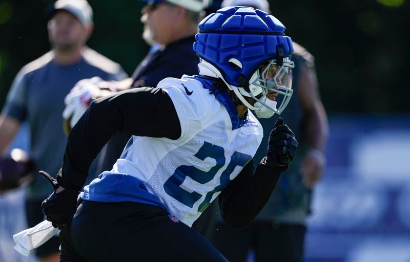 Indianapolis Colts running back Jonathan Taylor (28) rushes up the field Thursday, July 30, 2026, during the second of Colts Camp at Grand Park in Westfield.