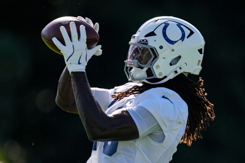 Indianapolis Colts wide receiver Ashton Dulin (16) catches the ball Thursday, July 30, 2026, during the second of Colts Camp at Grand Park in Westfield.