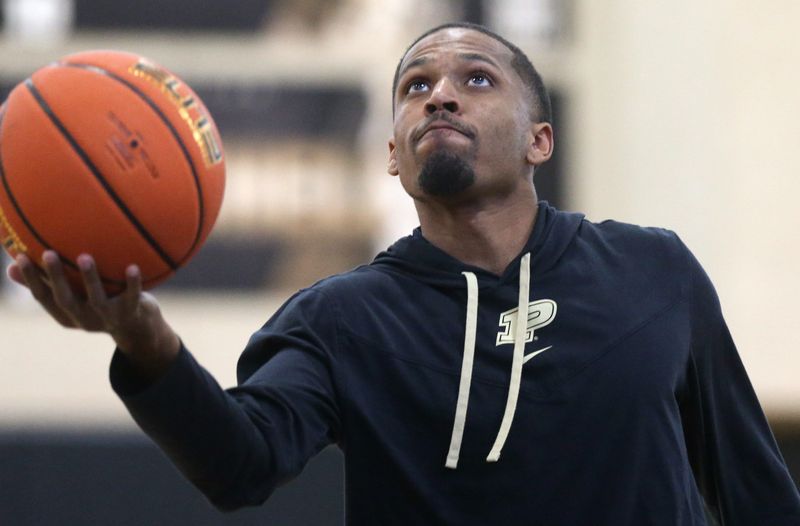 Purdue Boilermakers graduate assistant Isaiah Thompson shoots the ball during practice, Tuesday, June 11, 2024, at Purdue University’s Cardinal Court in West Lafayette, Ind.