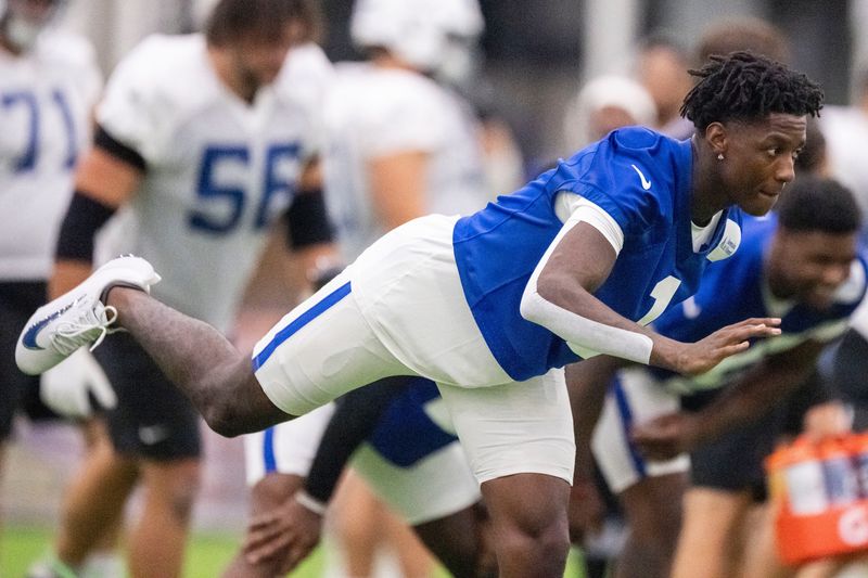 Indianapolis Colts cornerback Sauce Gardner (1) warms up Saturday, Aug. 1, 2026, during day four of Indianapolis Colts training camp at Grand Park in Westfield.