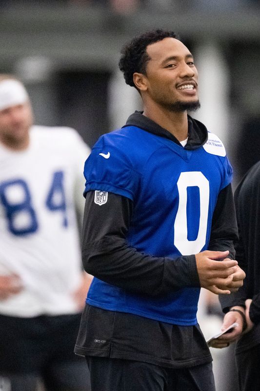 Indianapolis Colts safety Camryn Bynum (0) smiles Saturday, Aug. 1, 2026, during day four of Indianapolis Colts training camp at Grand Park in Westfield.