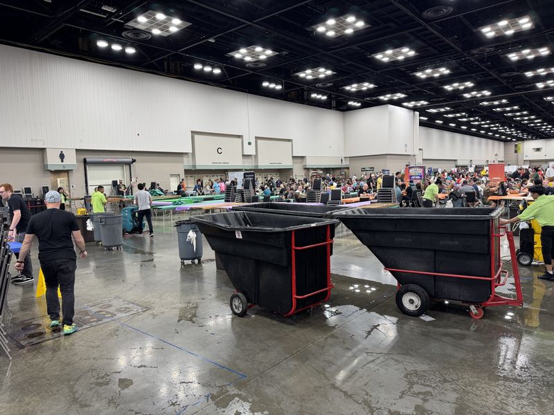 Clean up continues after the ceiling leaked at Gen Con, hosted at the Indiana Convention Center, during a storm on Aug. 1, 2026.