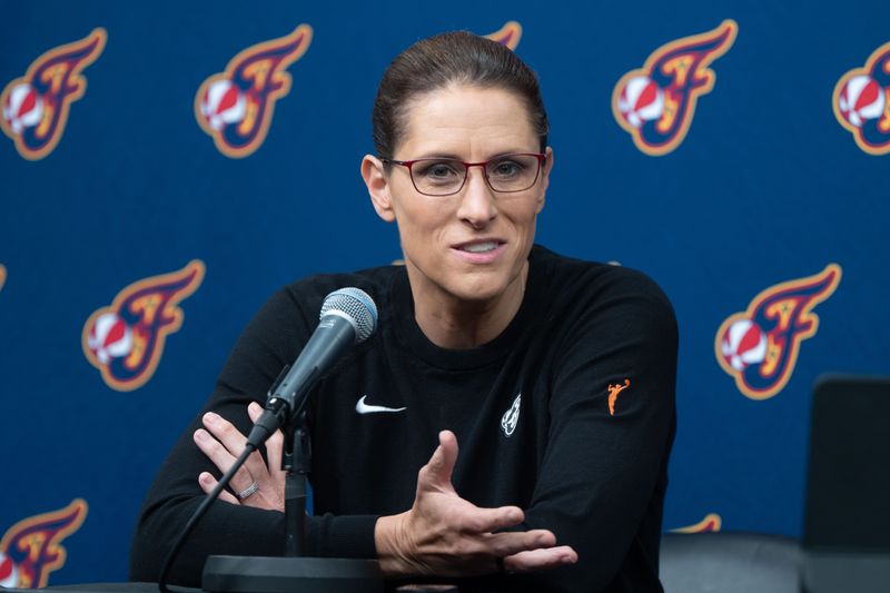 Aug 2, 2026; Minneapolis, Minnesota, USA; Indiana Fever head coach Stephanie White talks with the media before the game between the Minnesota Lynx and Indiana Fever at Target Center.