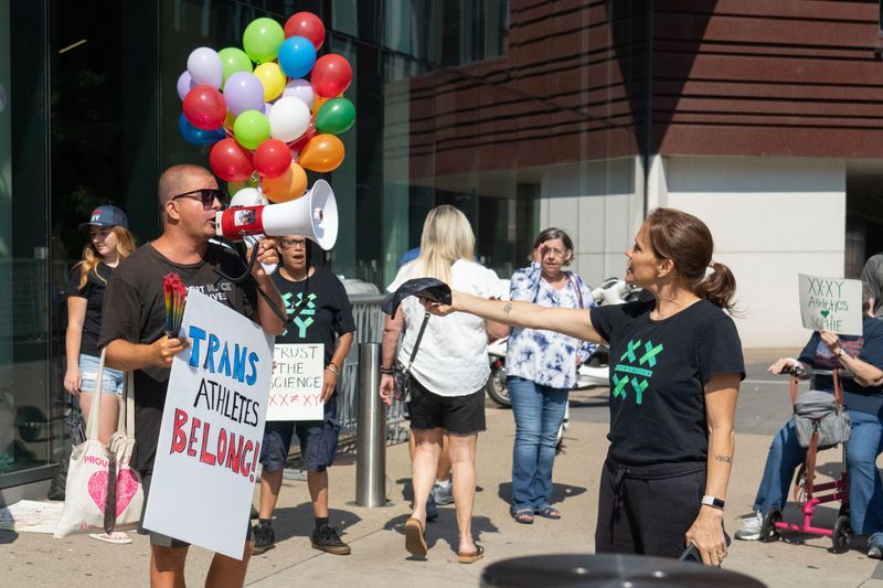 Aug 2, 2026; Minneapolis, Minnesota, USA; Competing rallies gather outside Target Center in Minneapolis before the game between the Minnesota Lynx and Indiana Fever at Target Center.