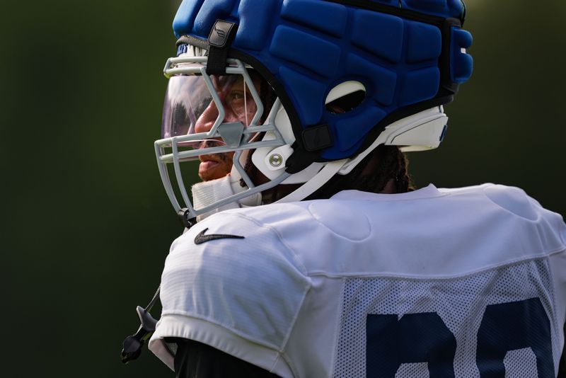 Indianapolis Colts running back Jonathan Taylor (28) walks on the field Monday, Aug. 3, 2026, during practice at Colts Camp at Grand Park in Westfield.