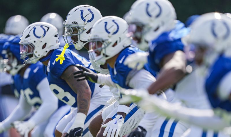 Indianapolis Colts wide receiver Laquon Treadwell (13) waits for impact on Monday, Aug. 3, 2026, during practice at Colts Camp at Grand Park in Westfield.