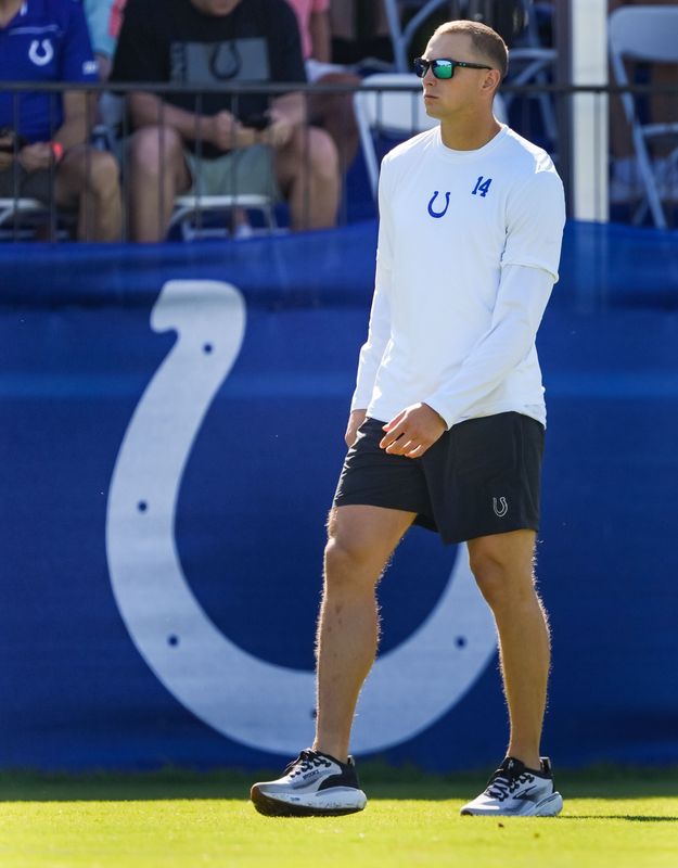 Indianapolis Colts wide receiver Alec Pierce (14) walks on the field Tuesday, Aug. 4, 2026, during practice at Colts Camp at Grand Park in Westfield.