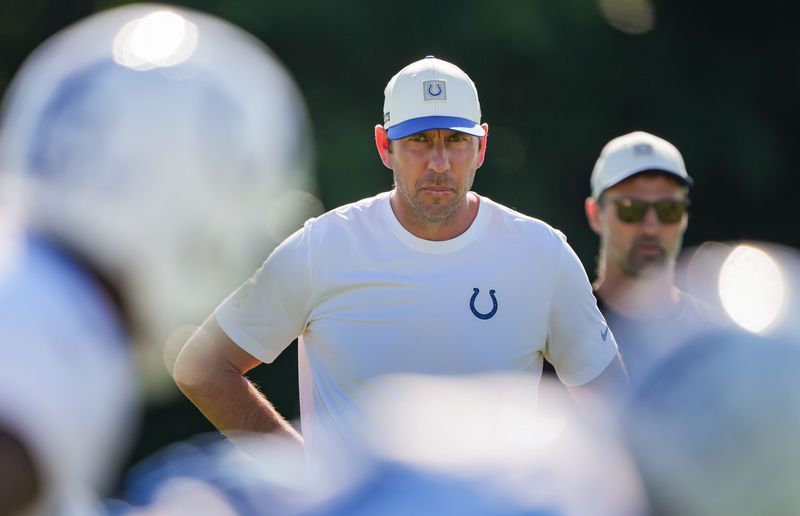 Indianapolis Colts head coach Shane Steichen watches players on Tuesday, Aug. 4, 2026, during practice at Colts Camp at Grand Park in Westfield.