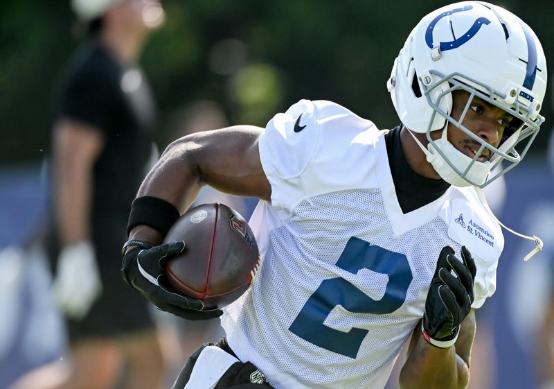 Jul 31, 2026; Westfield, IN, USA; Indianapolis Colts wide receiver Josh Downs (2) participates in a drill on day three of training camp at Grand Park Sports Campus. Mandatory Credit: Robert Goddin-Imagn Images