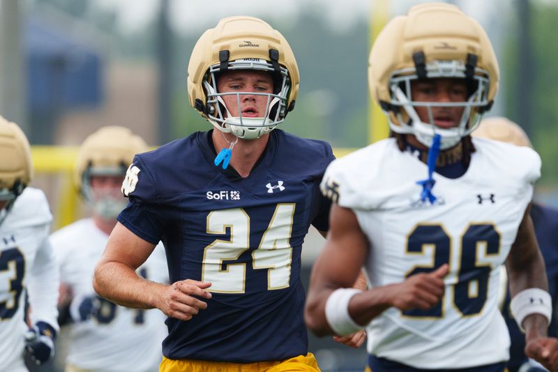 Tight end Ian Premer (24) during a Notre Dame football practice at Irish Athletic Center on Thursday, Aug. 6, 2026, in South Bend.