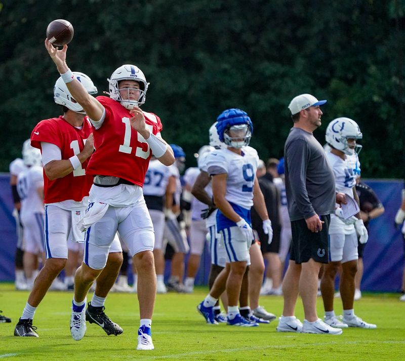 Indianapolis Colts quarterback Riley Leonard (15) throws a pass during Colts Camp Salute to Service day at Grand Park on Saturday, Aug. 8, 2026, in Westfield, Ind.
