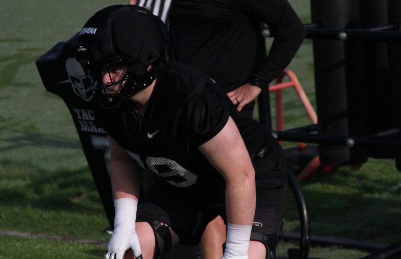 Purdue offensive lineman Joey Tanona participates in a practice drill at Kozuch Football Performance Complex on Aug. 6, 2026 in West Lafayette, Indiana.
