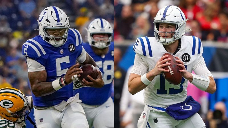 Indianapolis Colts quarterbacks Anthony Richardson (left) and Riley Leonard