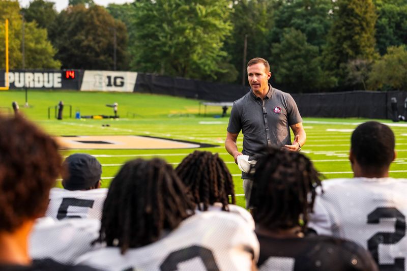 Hall of Fame quarterback Drew Brees gives a motivational speech to the Purdue football team prior to practice at Bimel Practice Complex on Aug. 10, 2026, in West Lafayette, Indiana.