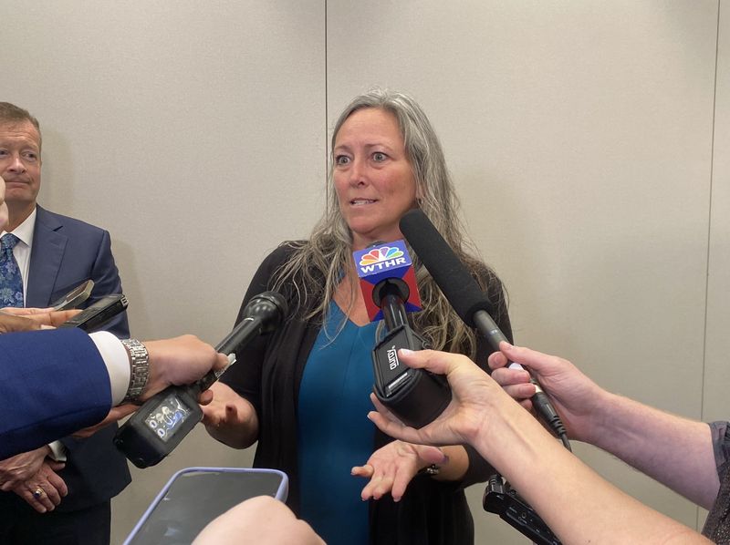 Paula Copenhaver speaks to reporters after the Indiana Recount Commission certifies the Senate District 23 Republican primary in her favor on Aug. 10 in Indianapolis.