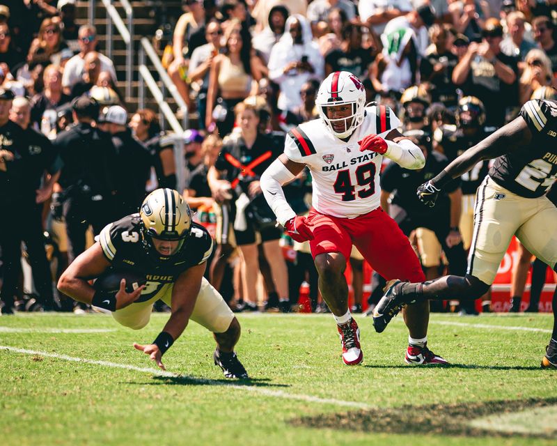 Ball State linebacker Justin Thomas (49) chases down Purdue quarterback Malachi Singleton (3).