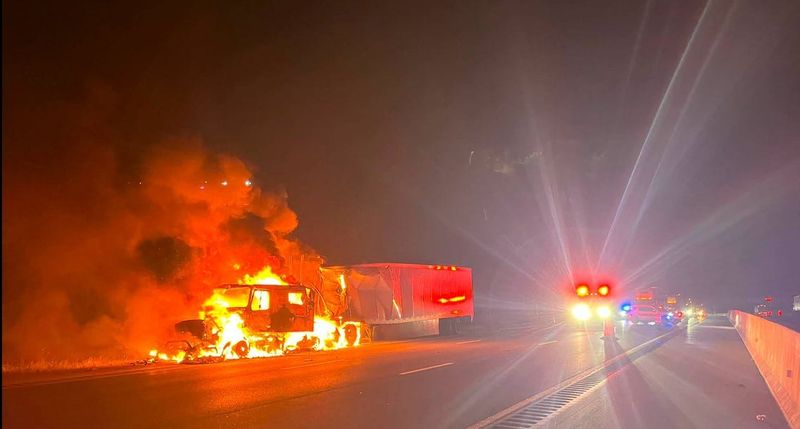 A northbound semi truck caught fire on Interstate 65 early Wednesday, Aug. 12, 2026, about a mile north of the Indiana 43 exit, according to Indiana State Police.