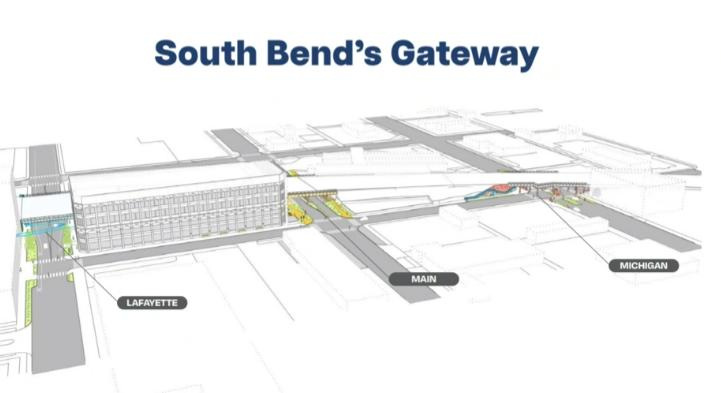 A conceptual drawing of the Lafayette Boulevard, Main Street and Michigan Street viaducts provided at the city's Redevelopment Commission meeting on Aug. 13, 2026.