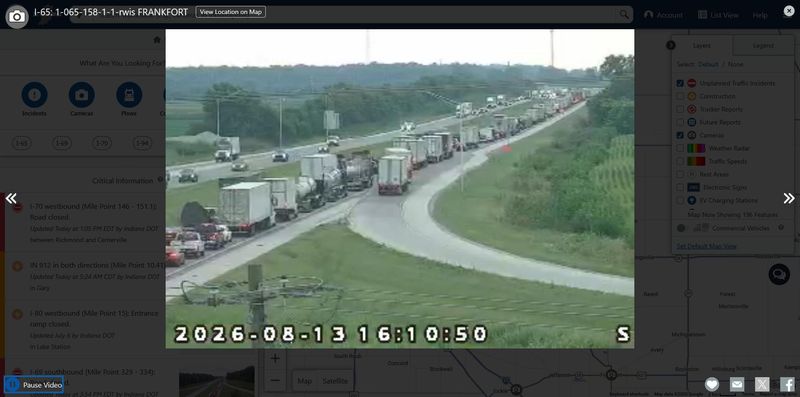 Indiana Department of Transportation cameras show the southbound traffic on Interstate 65 backed up at the Indiana 28/Frankfort exit. Crews are repairing a hole in a bridge south of this intersection.