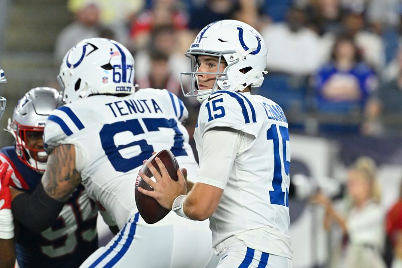 Aug 13, 2026; Foxborough, Massachusetts, USA; Indianapolis Colts quarterback Riley Leonard (15) throws a pass during the second half against the New England Patriots at Gillette Stadium. Mandatory Credit: Eric Canha-Imagn Images