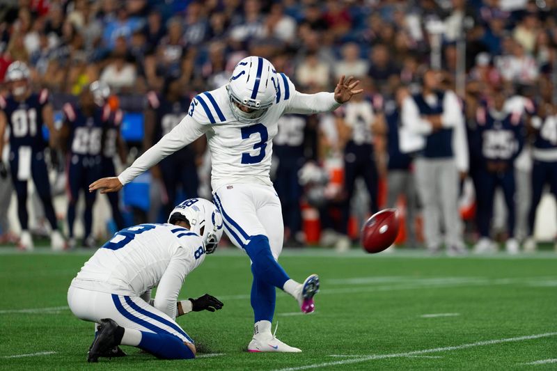 Aug 13, 2026; Foxborough, Massachusetts, USA; Indianapolis Colts place kicker Spencer Shrader (3) kicks during a preseason game against the New England Patriots at Gillette Stadium. Mandatory Credit: Natalie Reid-Imagn Images