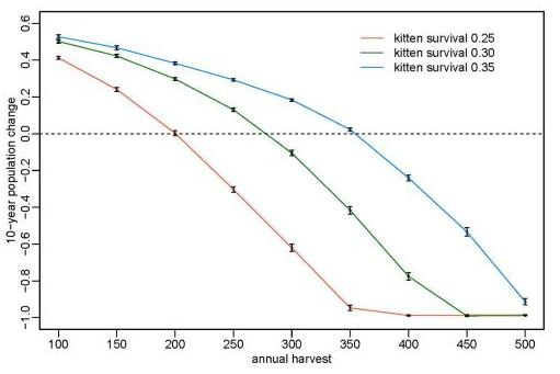 A graph published in an Indiana Department of Natural Resources document related to bobcat populations. The graphic "illustrates bobcat harvest simulations from the population model at three (3) different levels of kitten (less than one year of age) survival. Any points above the dotted line would show a stable-to-increasing bobcat population. If the points fall below the line, the data suggests there may be a downward trend in the bobcat population over time," the document says.