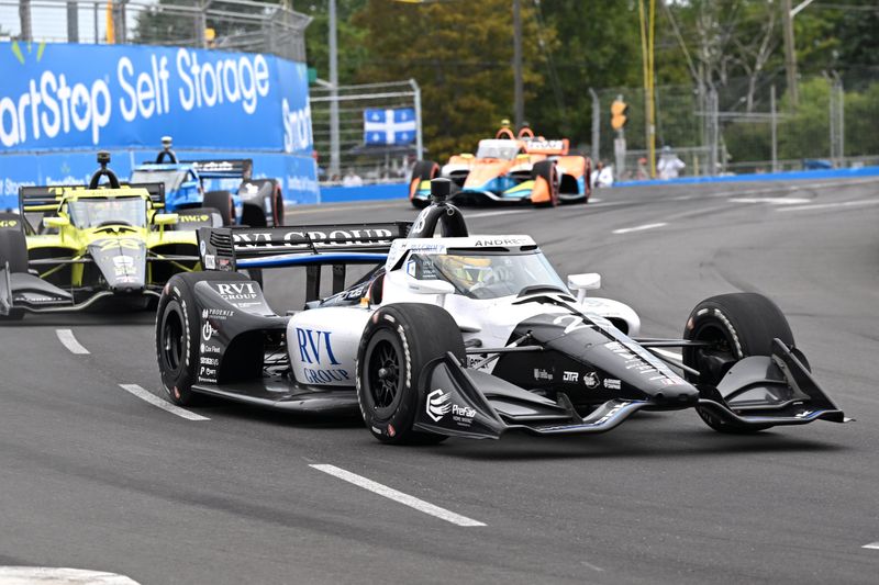 Aug 16, 2026; Markham, Ontario, CAN; Indycar driver Marcus Ericsson (28) drives through turn seven at Streets of Markham.