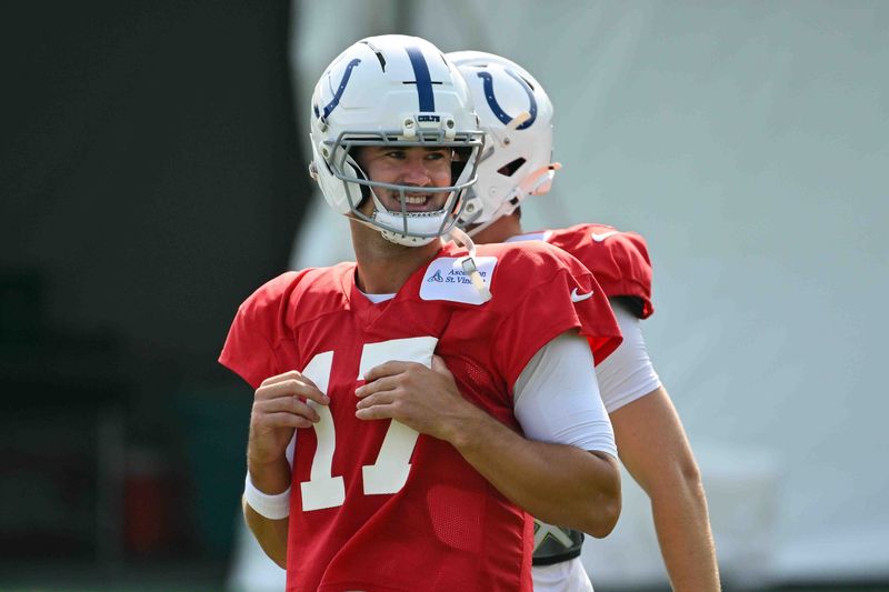 Aug 11, 2026; Foxborough, MA, USA; Indianapolis Colts quarterback Daniel Jones (17) looks on during training camp at Gillette Stadium. Mandatory Credit: Eric Canha-Imagn Images