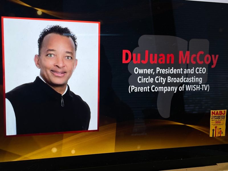 The National Association of Black Journalists gave Circle City Broadcasting President and CEO DuJuan McCoy a "Thumbs Down" at its annual awards gala in Atlanta Aug. 15. The organization issued McCoy the distinction for allegations of mistreatment of Black employees.