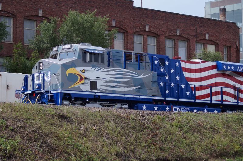 The Canadian National "1776 Screaming Eagle" locomotive in South Bend for the CN Hometown Whistle Stop Tour in downtown South Bend on Tuesday, Aug. 18, 2026.