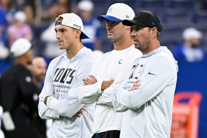 Aug 22, 2026; Indianapolis, Indiana, USA; Indianapolis Colts wide receiver Alec Pierce (14), Indianapolis Colts quarterback Daniel Jones (17) and Indianapolis Colts head coach Shane Steichen are seen prior to the game against the Atlanta Falcons at Lucas Oil Stadium. Mandatory Credit: Robert Goddin-Imagn Images