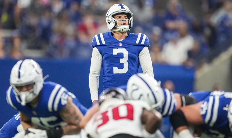 Indianapolis Colts kicker Spencer Shrader (3) prepares to kick the ball Saturday, Aug. 22, 2026, during the preseason game against the Atlanta Falcons at Lucas Oil Stadium in Indianapolis.
