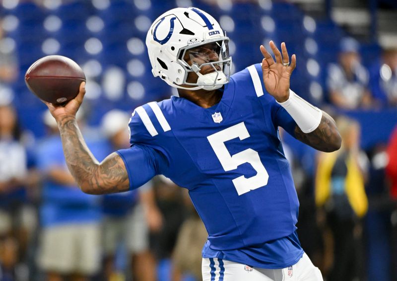 Aug 22, 2026; Indianapolis, Indiana, USA; Indianapolis Colts quarterback Anthony Richardson Sr. (5) warms up prior to the game against the Atlanta Falcons at Lucas Oil Stadium. Mandatory Credit: Robert Goddin-Imagn Images