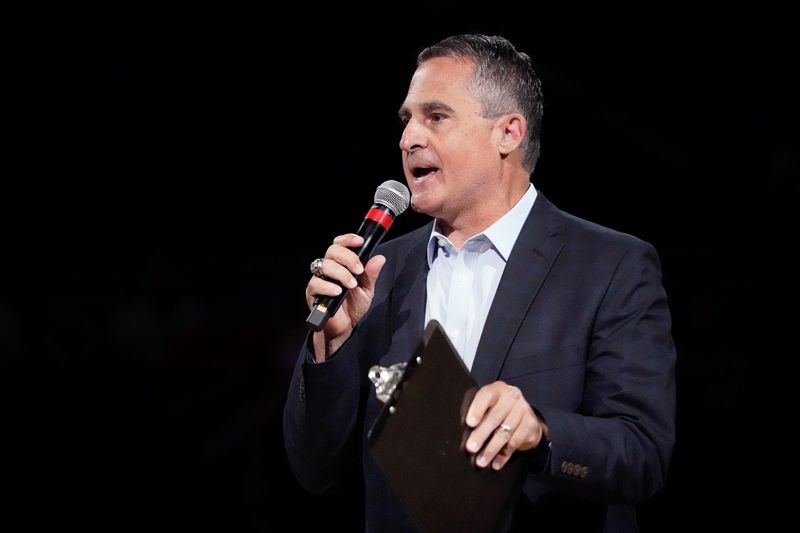 Former Indiana Fever announcer, Chris Denari announces the members of the 2012 WNBA championship Indiana Fever team during a game between the Indiana Fever and the Connecticut Sun on Sunday, May 22, 2022, at Gainbridge Fieldhouse in Indianapolis.