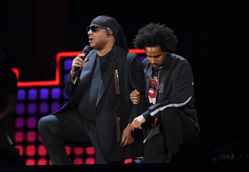 Stevie Wonder and his son Kwame Morris onstage during the 2017 Global Citizen Festival: For Freedom. For Justice. For All. in Central Park on Saturday in New York City.
