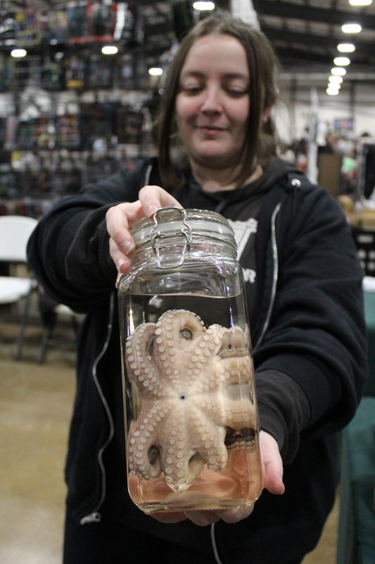Kristen Ollivander of Internally Comatose Curiosities and Creations holds one of the wet specimens for sale at the first The Michigan Oddities and Horror Fest.