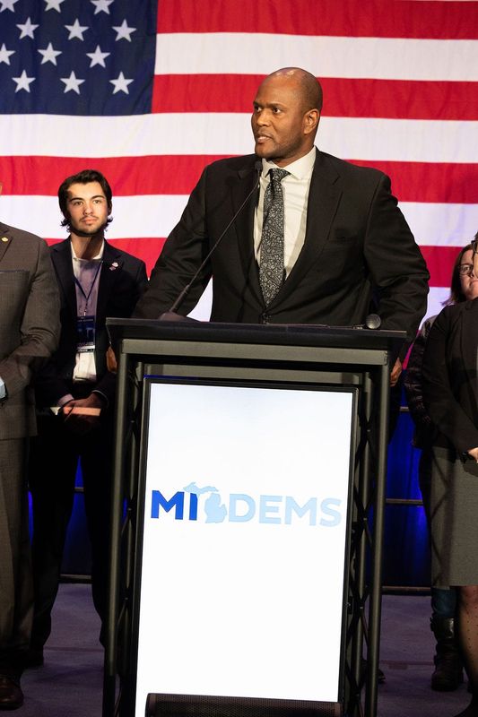 Michigan House Speaker Joe Tate, D-Detroit, speaks to Democratic leaders and party members during the Michigan Democratic Party State Convention at Huntington Place Convention Center in Detroit, Mich., Saturday, February 11, 2023.