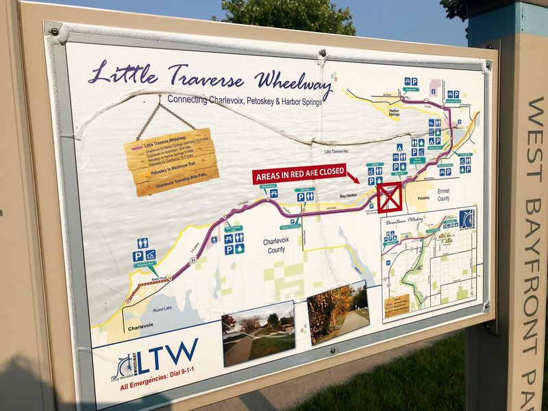 This map shows where sections of the Little Traverse Wheelway are closed.
