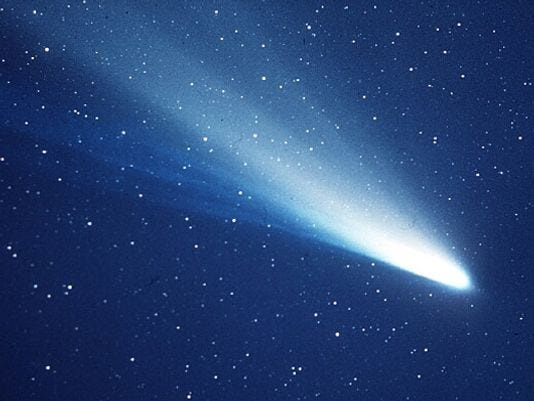 Halley'e Comet swings by the Earth only once every 75 or 76 years, but dust it has left behind crosses our paths several times a year.